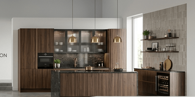 Luxuriöse dunkle Design-Küche mit hochwertigen Holzfronten und edlen Akzenten.