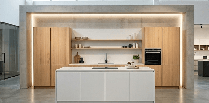 Moderne, helle Einbauküche mit Fronten in natürlichem Holz und weißer Kochinsel in einem lichtdurchfluteten Raum.